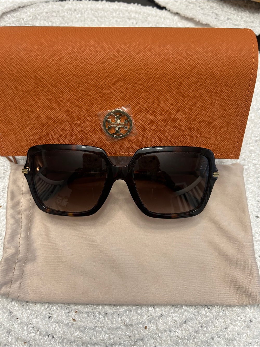 Tory Burch Tortoiseshell Oversized Square Sunglasses with Orange Logo Case